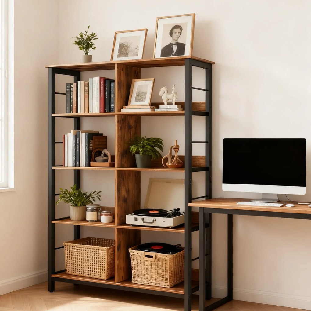 Estante de livros de 4 andares com 8 compartimentos 33 x 80 x 149 cm castanho vintage-preto