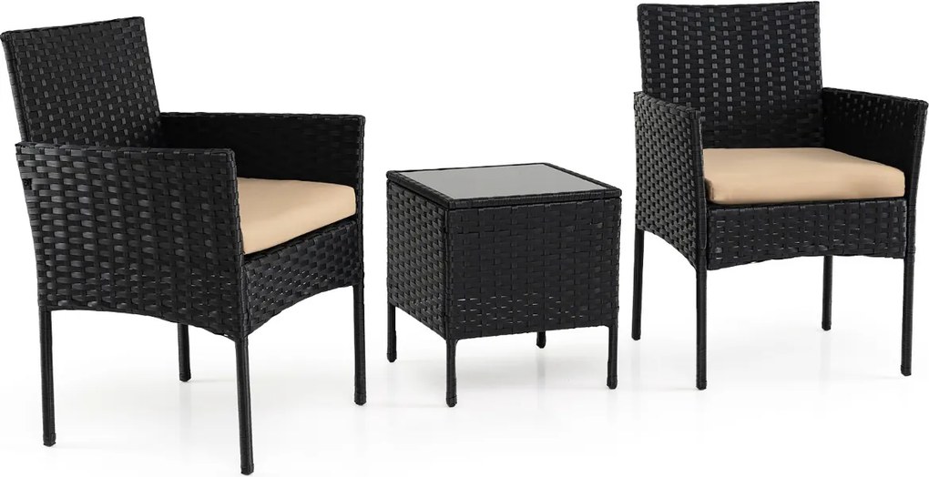 Conjunto de móveis de jardim de 3 peças em rattan com 2 cadeiras e Mesa auxiliar de vidro para terraço, pátio ou varanda Castanho+Preto