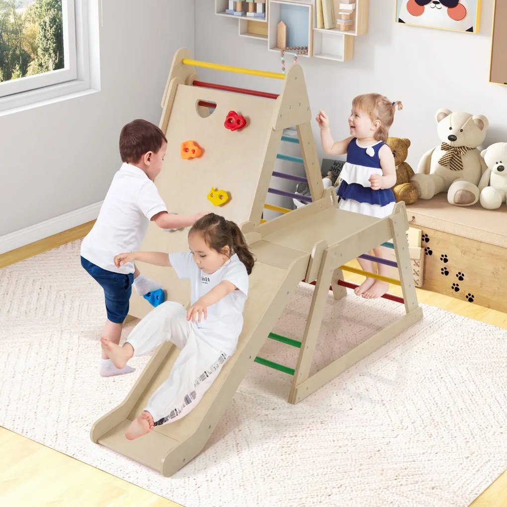 Conjunto de escalada interior para crianças 3 em 1 com escorrega, parede de escalada e escada de madeira para crianças com mais de 3 anos Multicolor
