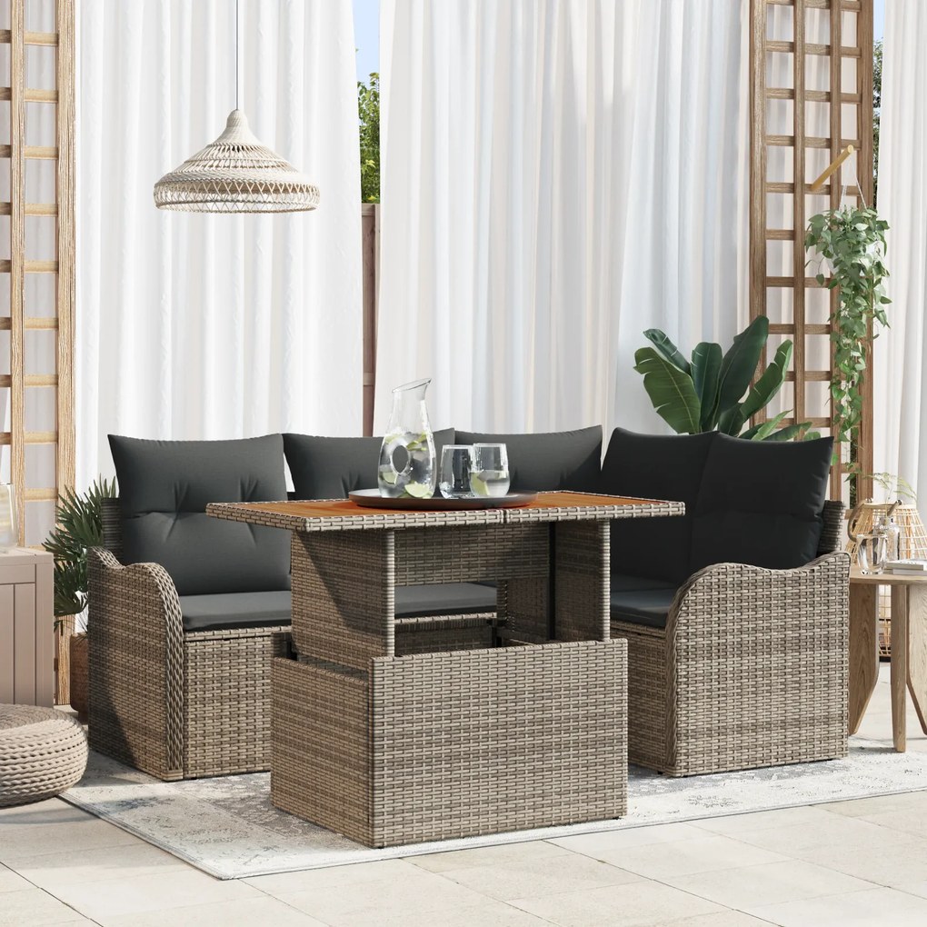 vidaXL Conjunto de Sofá de Jardim de 5 Peças com Almofadas Cinza Rattan Acácia