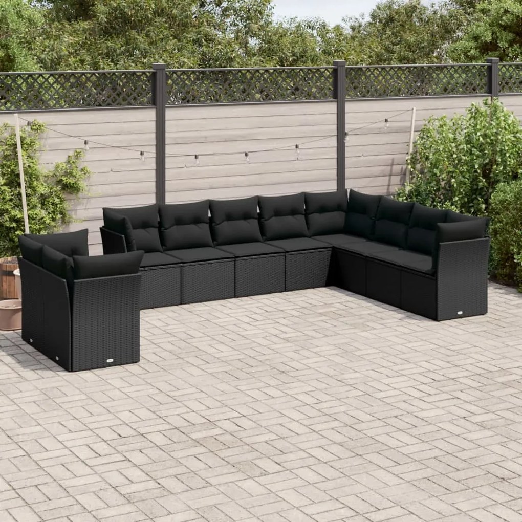 vidaXL 10 pcs conjunto sofás de jardim c/ almofadões vime PE preto
