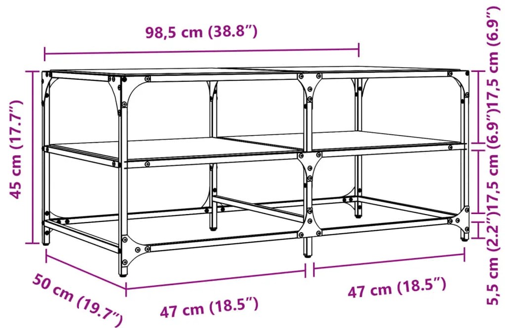 Mesa de centro com topo em vidro preto 98,5x50x45 cm aço