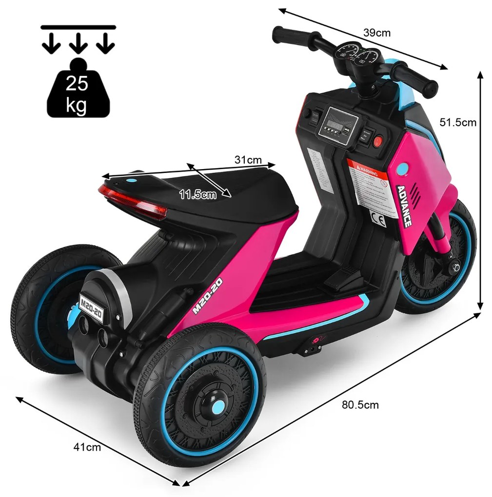 Mota Eléctrica Infantil 6 V Motocicleta Infantil 6 V com 3 Rodas Bateria de Carro para Crianças +3 Anos Rosa
