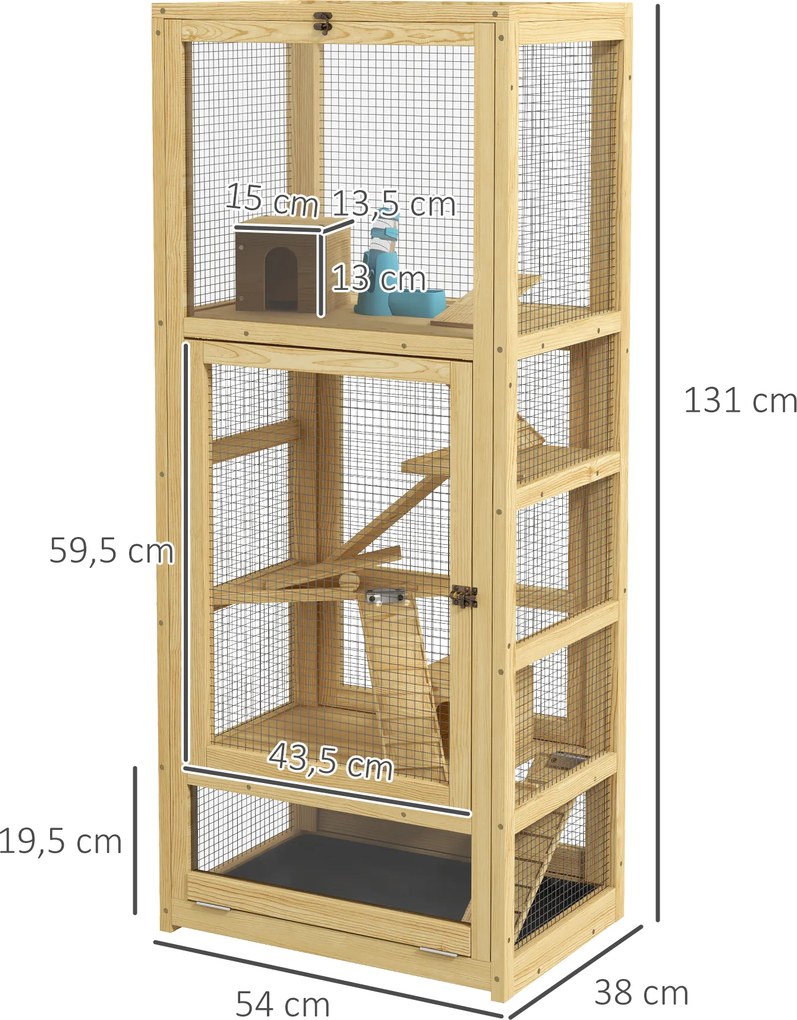 Gaiola para hamsters ou pequenos animais em madeira, com 5 níveis, escada, casinha e Baloiço, 54 x 38 x 131 cm, natural