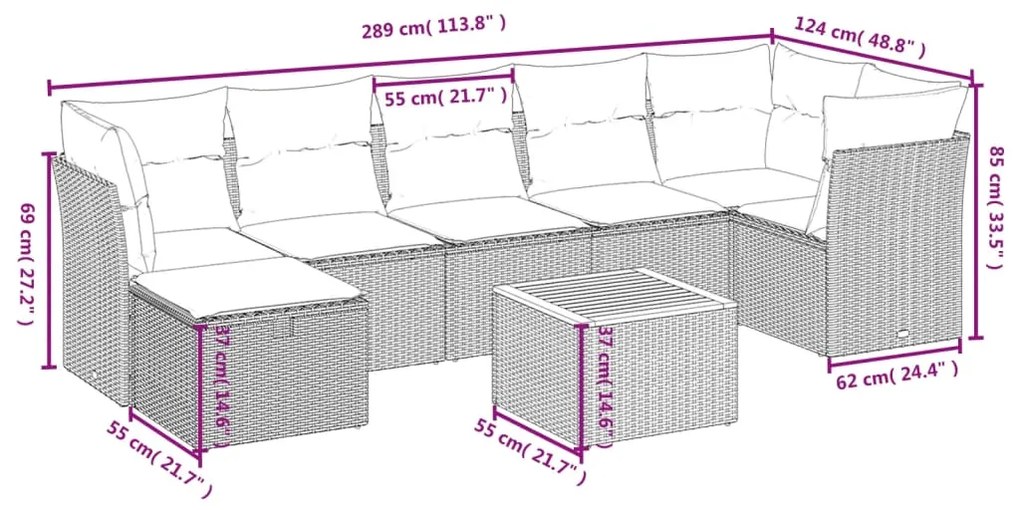9 pcs conjunto de sofás p/ jardim c/ almofadões vime PE preto