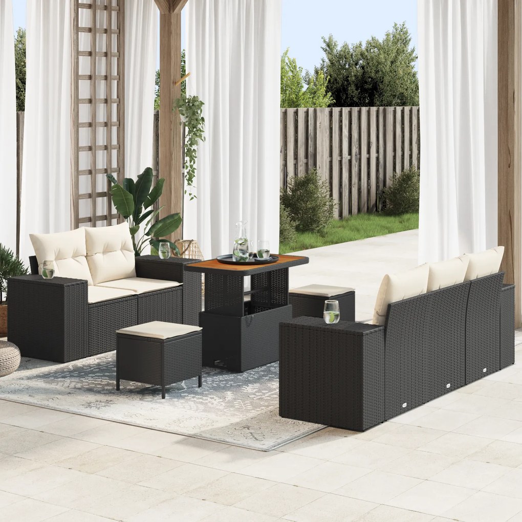Conjunto de Sofá para Jardim de 8 Peças com Almofadas Preto Polirattan