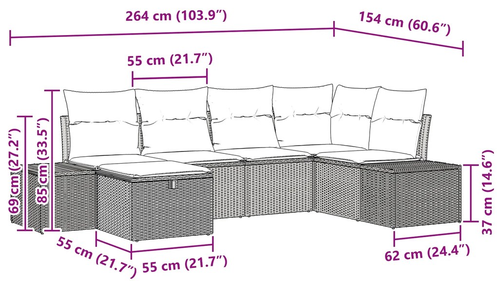 Conjunto de Sofá para Jardim de 6 Peças com Almofadas Cinza Poli Ratta