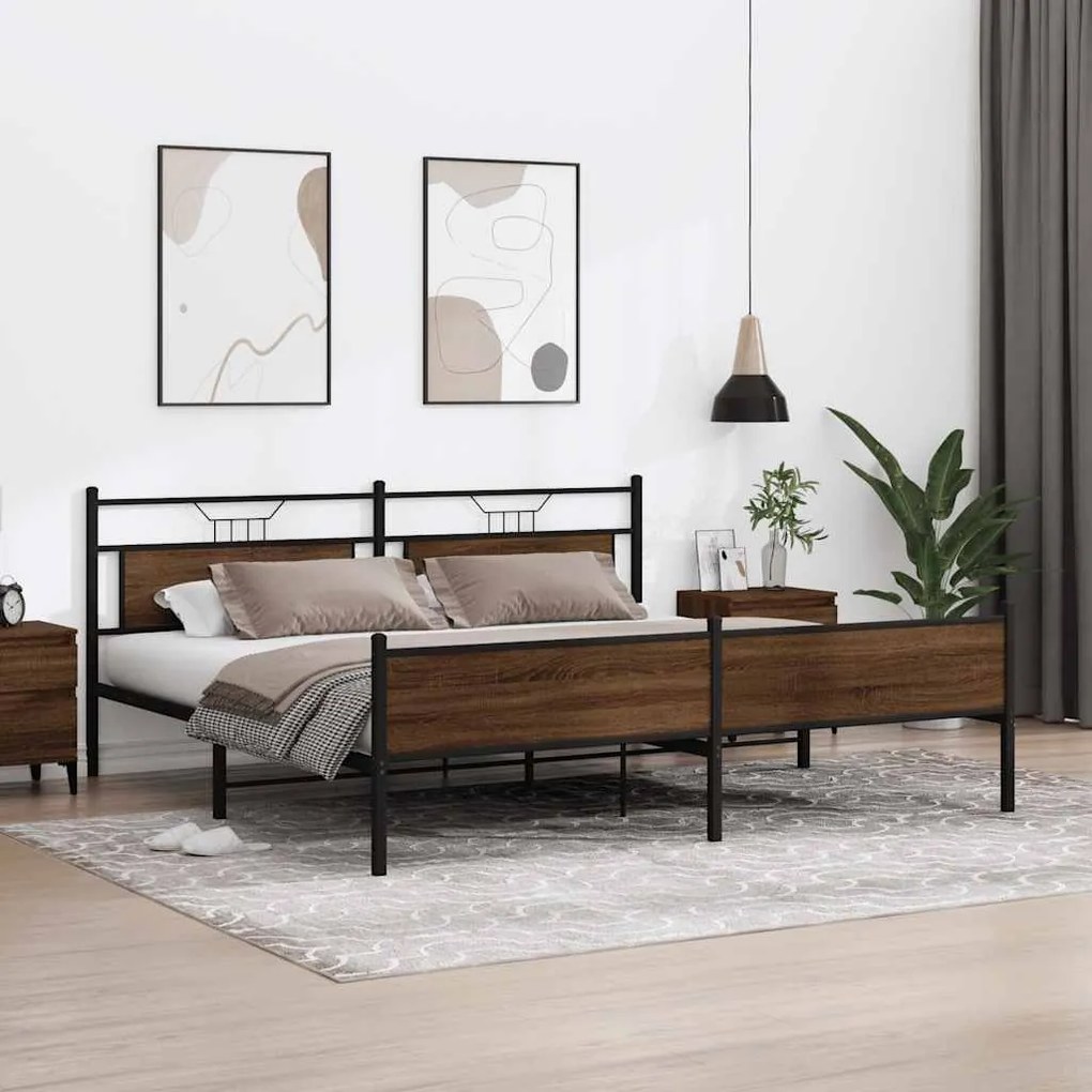 Estrutura cama sem colchão 193x203 cm metal carvalho castanho