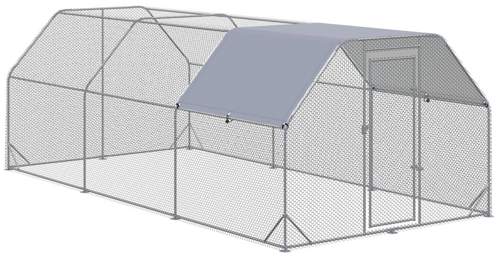 PawHut Galinheiro para Exterior Grande de Aço Galvanizado 280x570x195 cm Gaiola para Galinhas com Cobertura de Tecido Oxford Prata