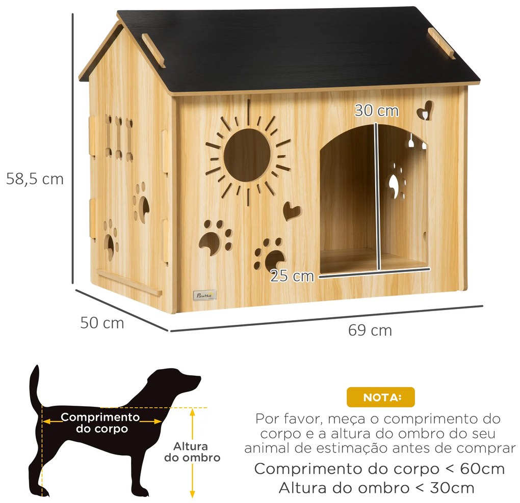 Casa de Madeira para Cães Pequenos Casa para Animais de Estimação com Porta Dianteira Desenhos em Forma de Sol Coração Pata 69x50x58,5cm Madeira e Pre