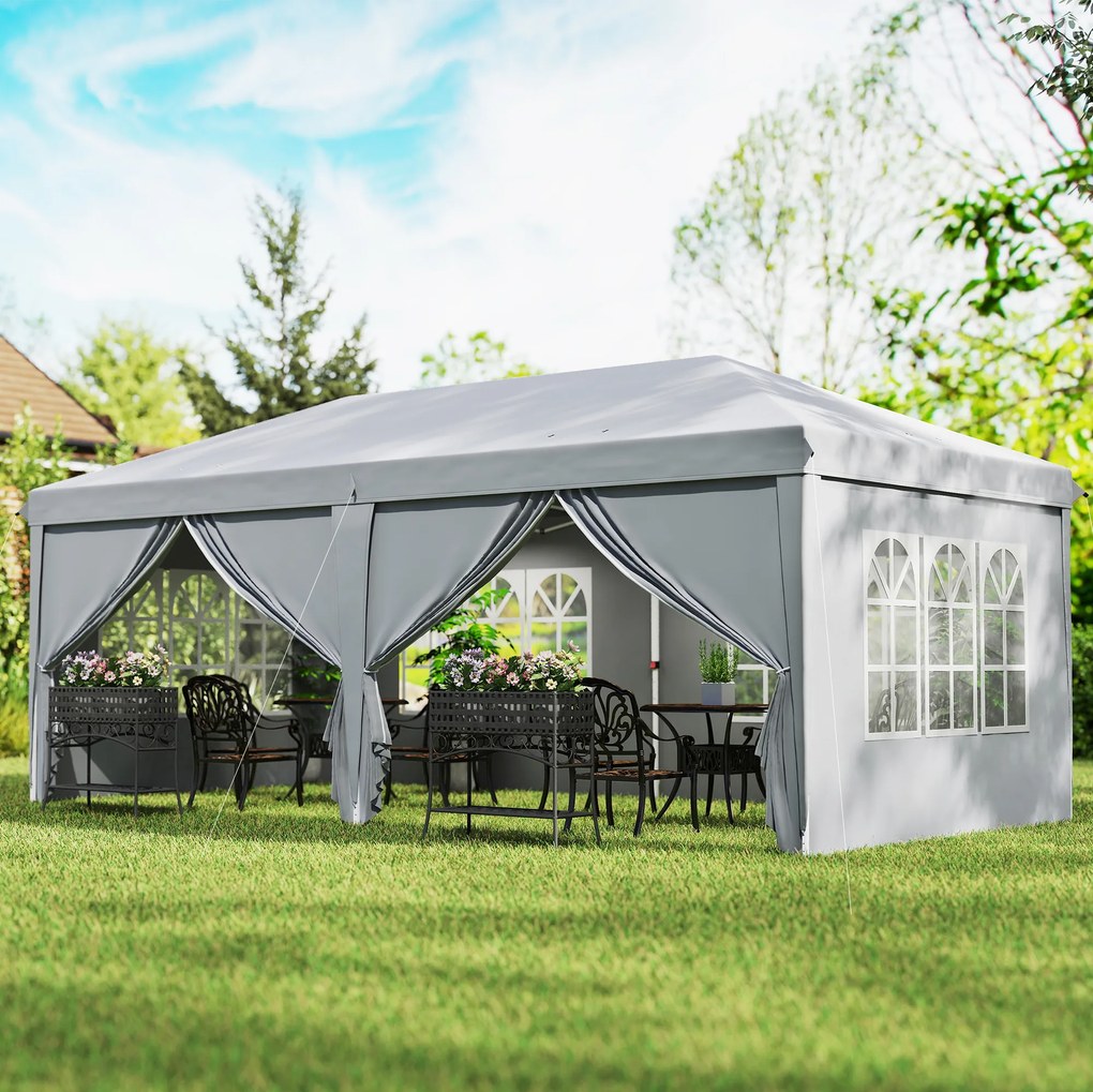 Tenda dobrável tipo barnum pop-up 6 x 3 x 2,7 m, 4 paredes laterais amovíveis, 4 janelas, saco de transporte cinzento claro