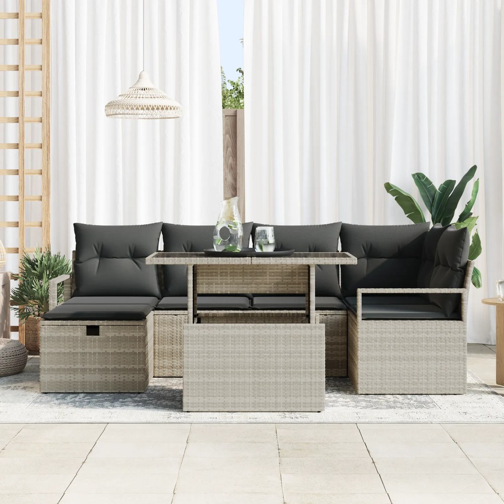 Conjunto de Sofá de Jardim de 7 Peças com Almofadas Cinzento Claro Vim