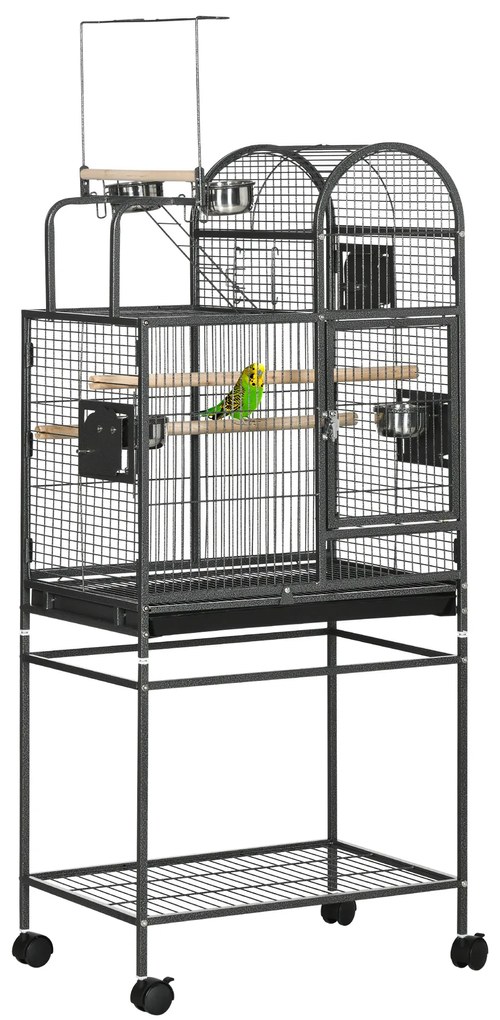 PawHut Gaiola para Pássaros 61x43x163cm com 4 Portas 2 Comedouros 3 Poleiros Bandeja Removível Prateleira Aberta e 4 Rodas Preta | Aosom Portugal