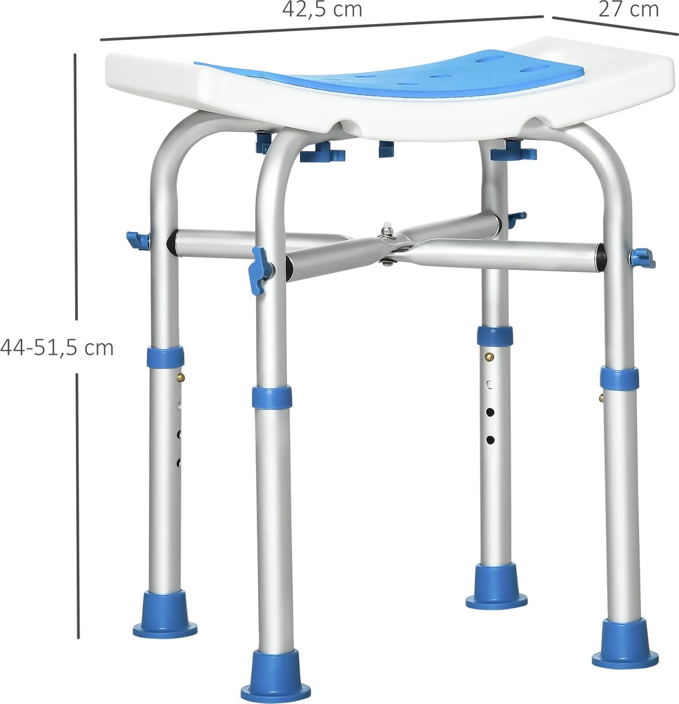 Banco de duche 42,5 x 27 x 44-51,5 cm assento almofadado e ajustável, ventosas antiderrapantes, em alumínio azul