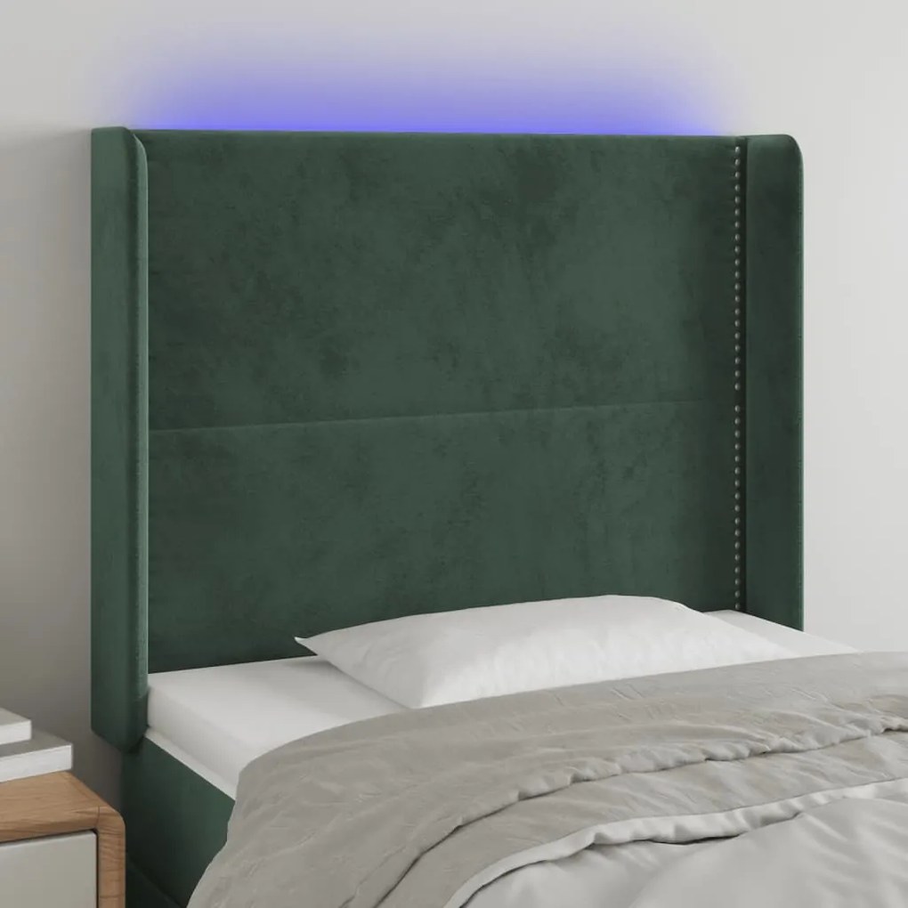 Cabeceira cama c/ luzes LED veludo 93x16x118/128cm verde-escuro