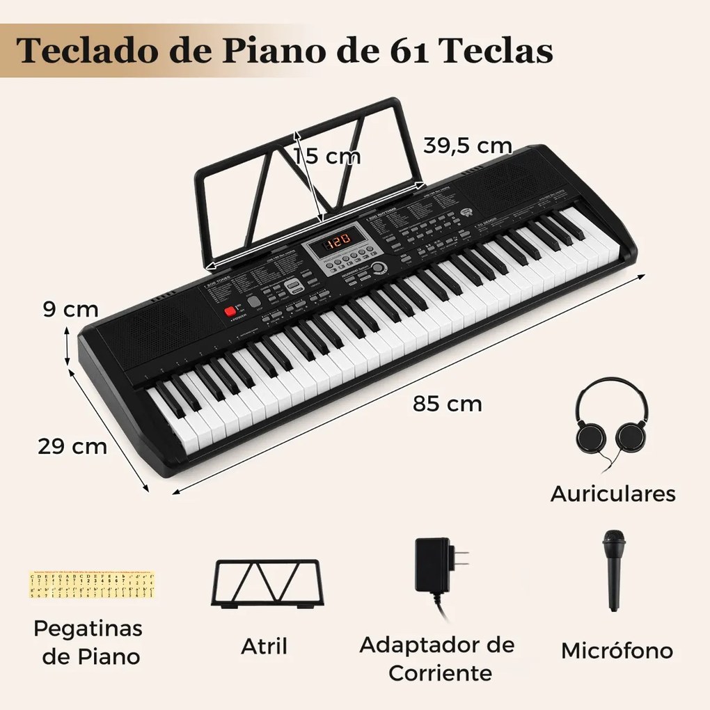 Teclado portátil de 61 teclas, kit de piano elétrico com 200 ritmos e tons, 70 demos, microfone e auscultadores para todas as idades, preto
