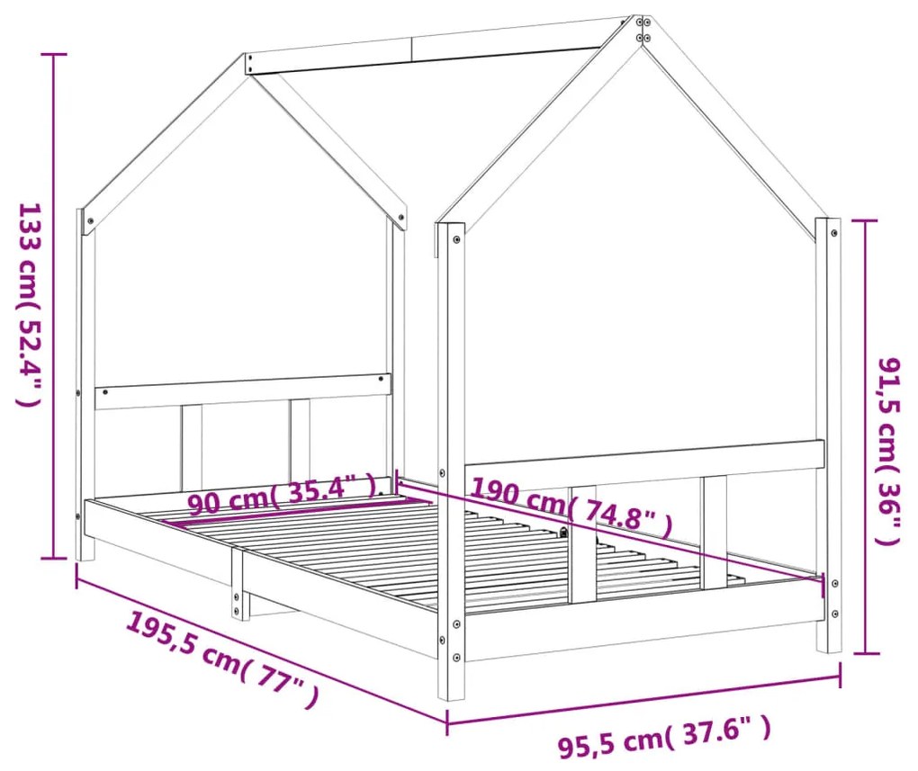 Estrutura de cama infantil 90x190 cm pinho maciço preto