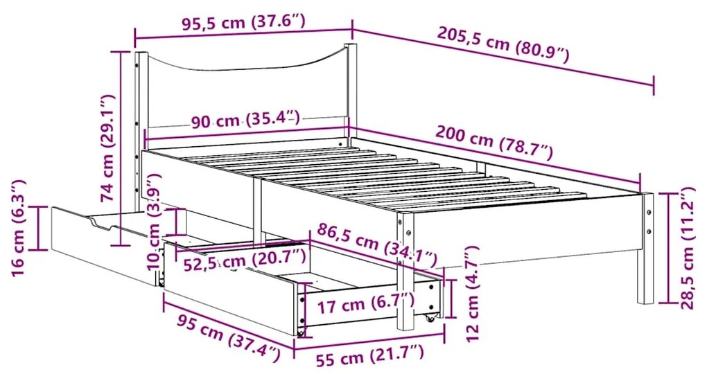 Estrutura de cama c/ gavetas 90x200cm pinho maciço castanho-mel