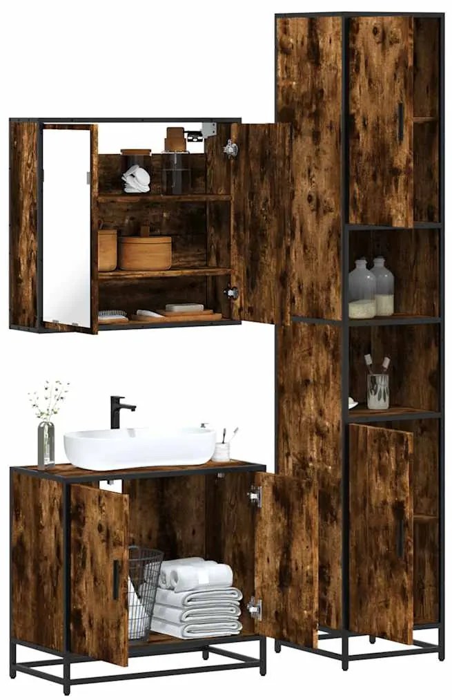 vidaXL 3 pcs conjunto de móveis WC madeira processada carvalho fumado
