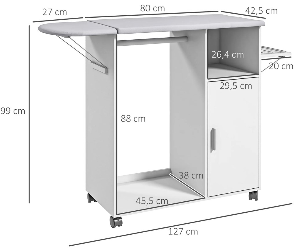 Móvel de Engomar de Madeira com Rodas Barra para Pendurar Roupa Prateleira Aberta e Tábua Dobrável 107x42,5x99 cm Branco