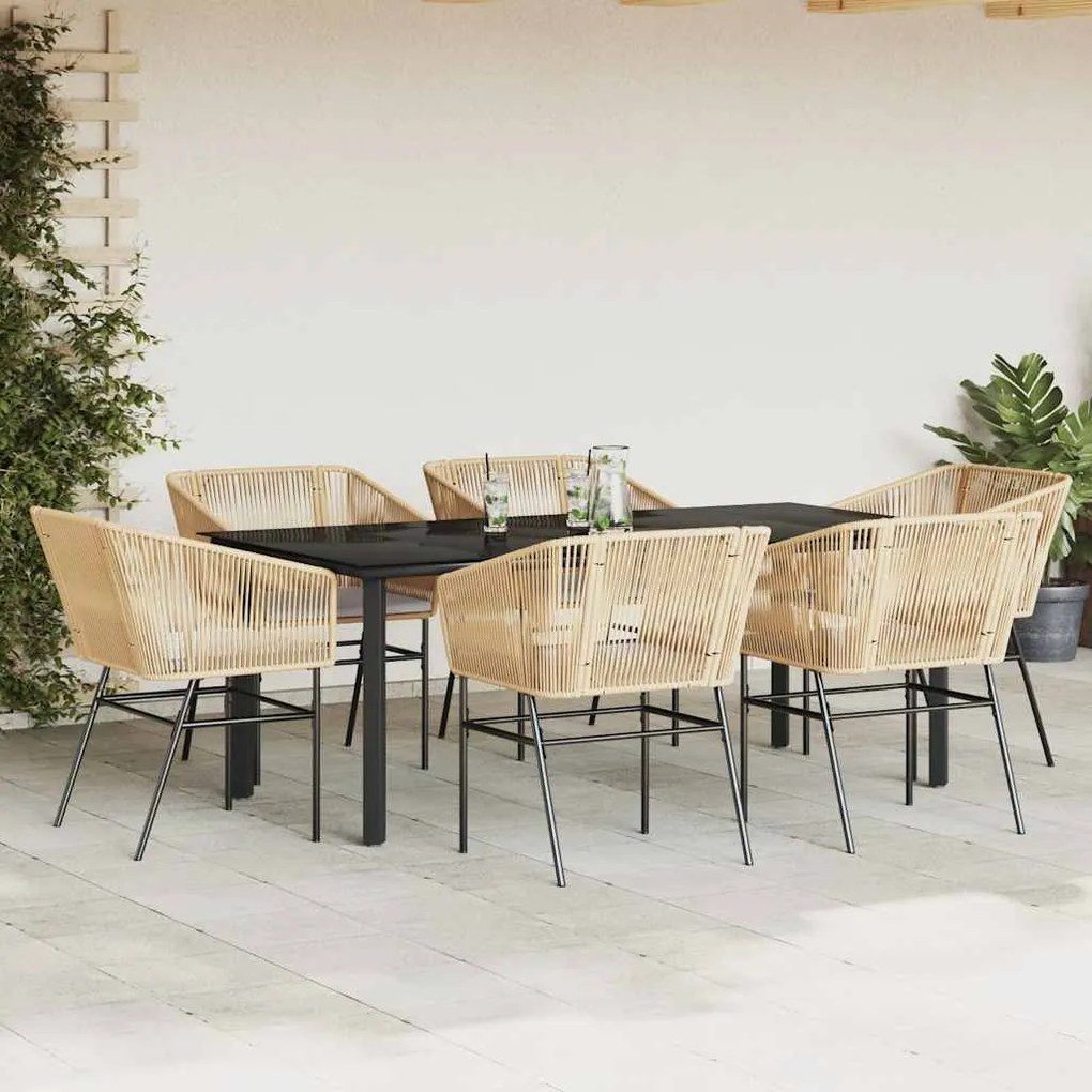 Conjunto jantar jardim 7 peças almofadas vidro vime PE castanho