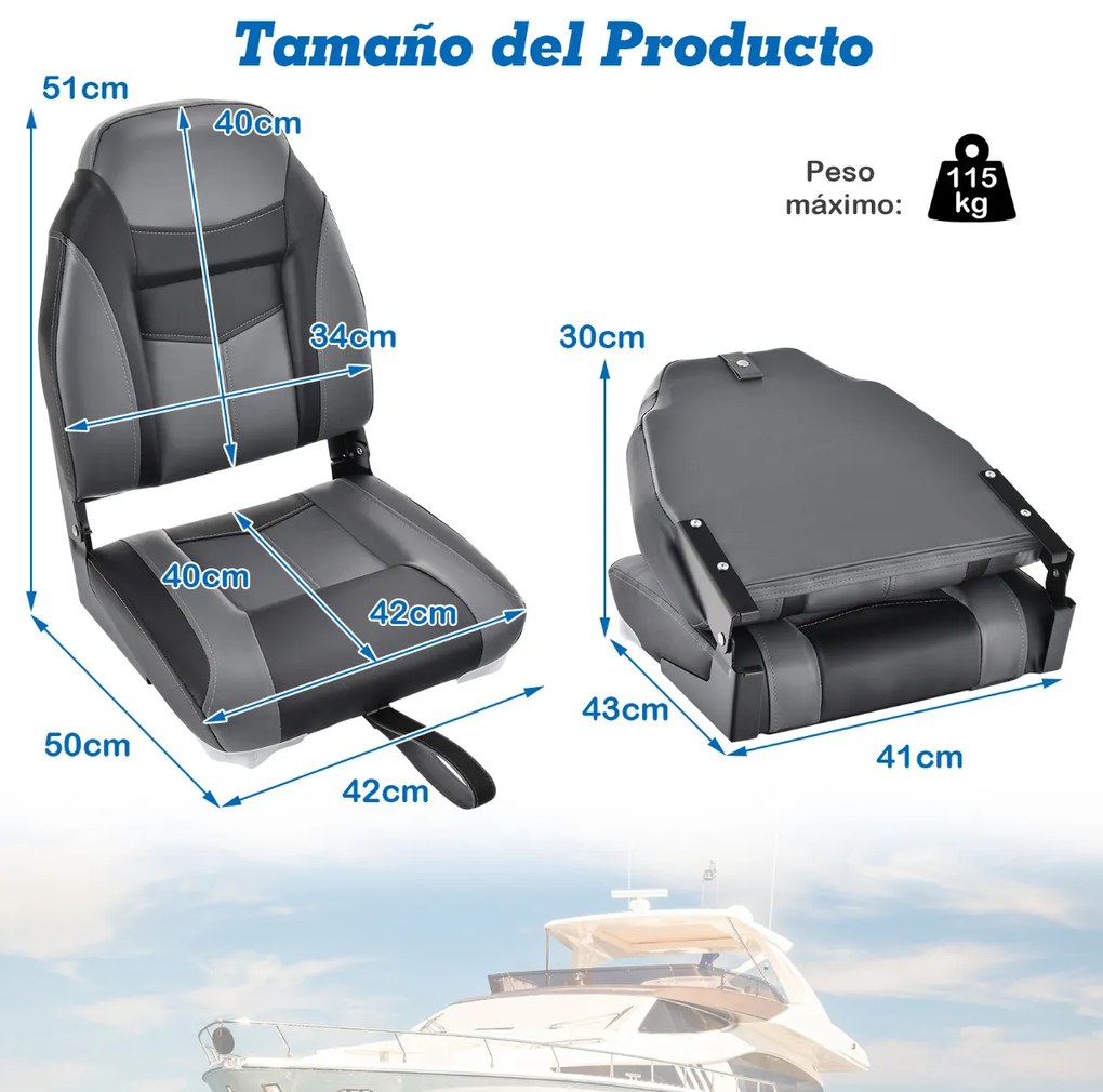 Banco de barco rebatível com encosto alto Almofada almofadada macia Assento de capitão moldado universal 44,5 x 51 x 61 cm Preto