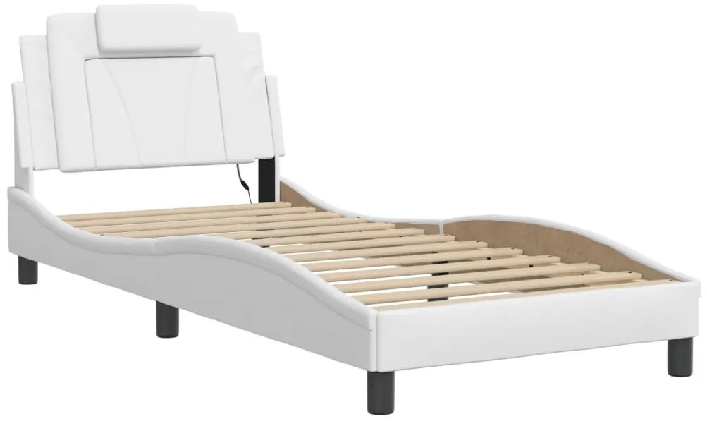 Estrutura de cama c/ luzes LED 90x190cm couro artificial branco