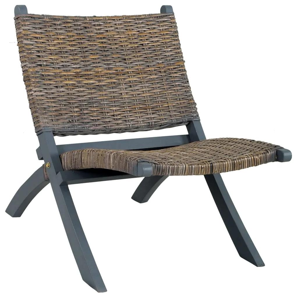 285801 vidaXL Cadeira relaxante vime Kubu natural/madeira mogno maciça cinza