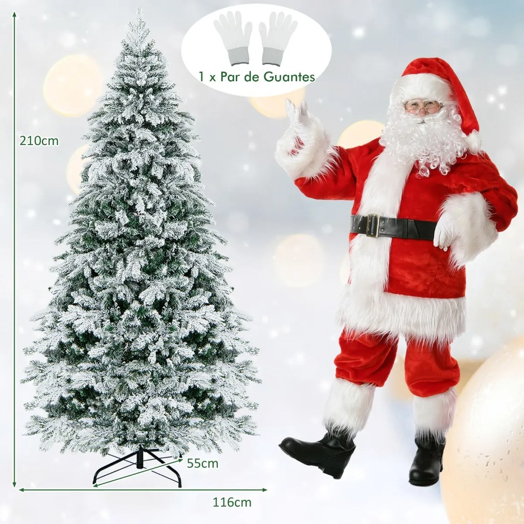 Árvore de Natal com neve de 210 cm com 1687 ramos, 300 luzes LED quentes e design com dobradiças verde