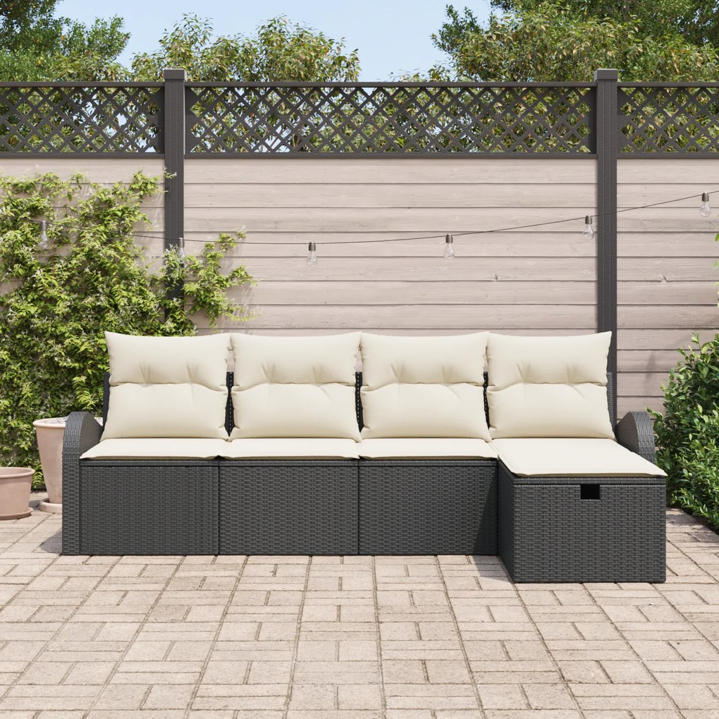 Conjunto de Sofás de Jardim de 5 Peças com Almofadas Preto Rattan PE