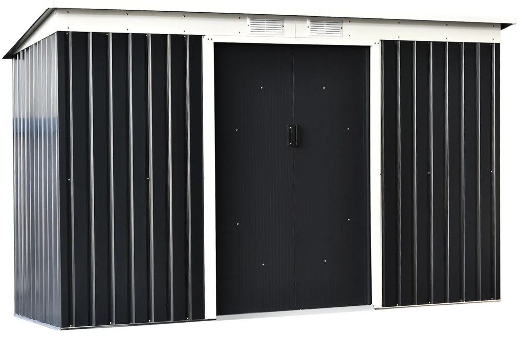 Abrigo de Jardim 280x130x172cm Abrigo de Exterior de Aço Galvanizado com Porta Corredeira e Ventilações para Armazenamento de Ferramentas Cinza Escuro