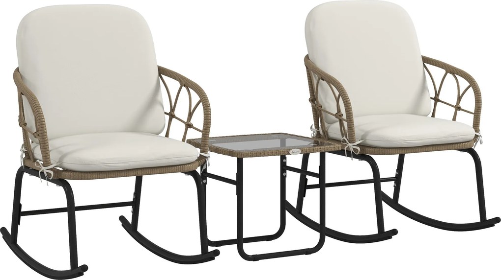 Conjunto de Móveis jardim de Vime de 3 Peças com 2 Cadeiras de Baloiço 1 Mesa de Centro e Almofadas Creme e Bege