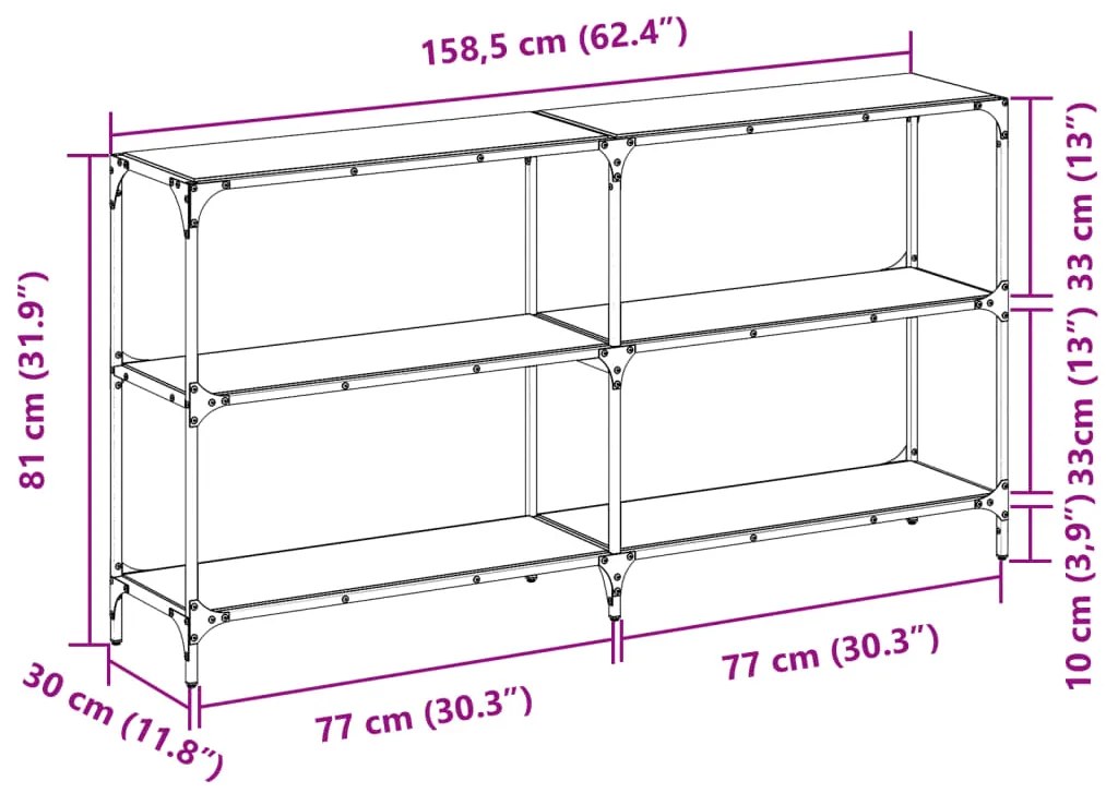 Mesa consola com tampo em vidro preto 158,5x30x81 cm aço