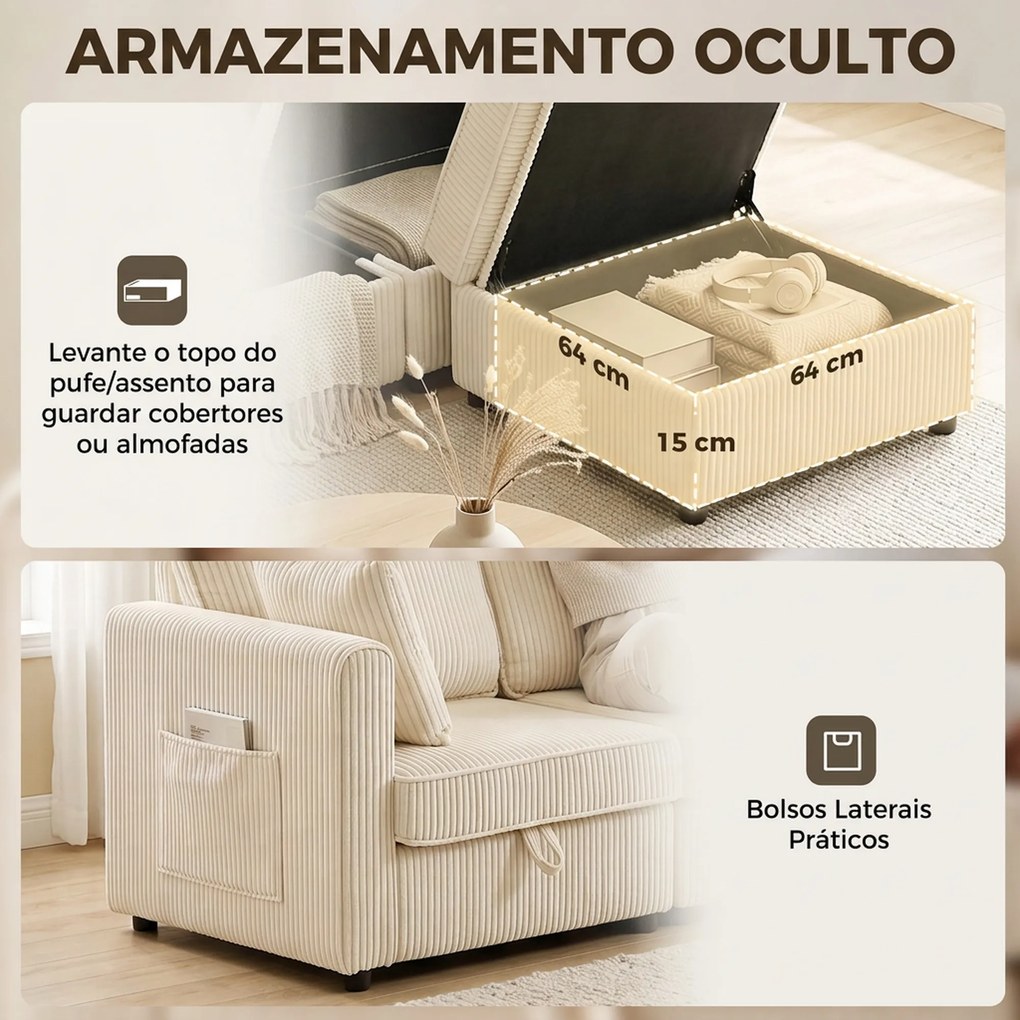 Sofá modular em L de 235 cm com arrumação e ottoman em bombazina, creme
