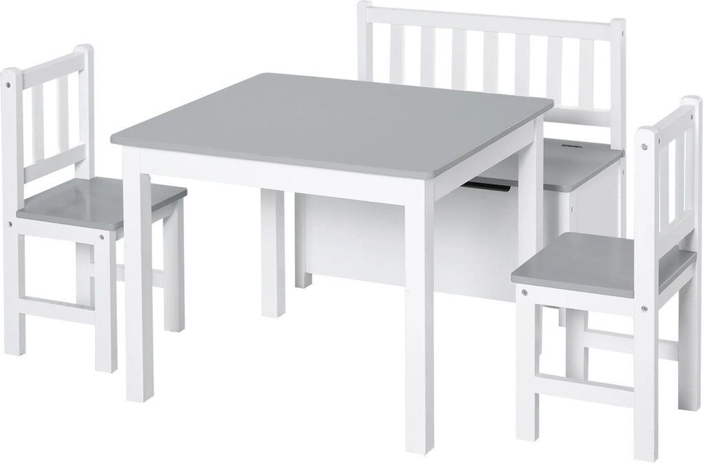HOMCOM Conjunto Infantil de Mesa 2 Cadeiras e Banco com Armazenamento Móveis Infantil para Sala de Jogos Branco e Cinza | Aosom Portugal