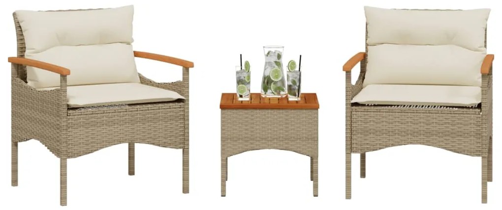 3 pcs conjunto de sofás p/ jardim com almofadões vime PE bege