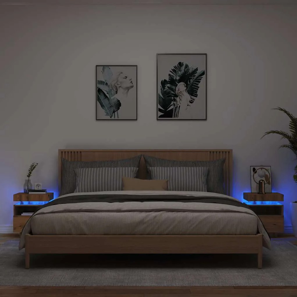 vidaXL Mesas cabeceira c/luzes LED 2pc 40x39x48,5cm carvalho artisiano