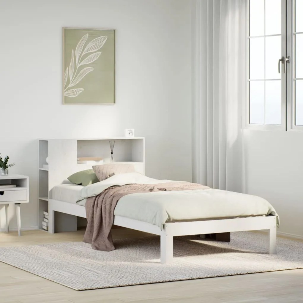 vidaXL Cama com estante sem colchão 90x200 cm pinho maciço branco