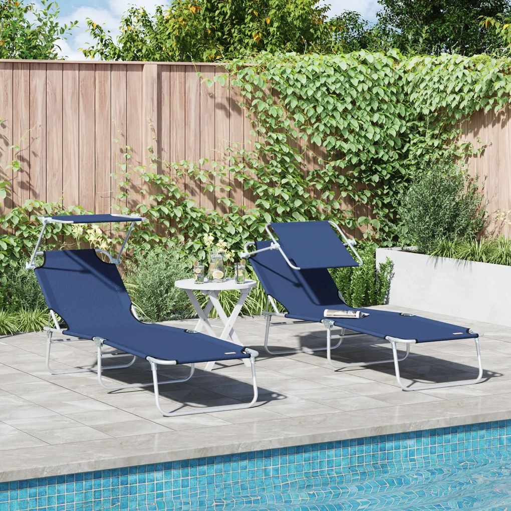 Espreguiçadeiras Dobráveis 2 pcs com Toldo Azul Tecido Oxford 600D