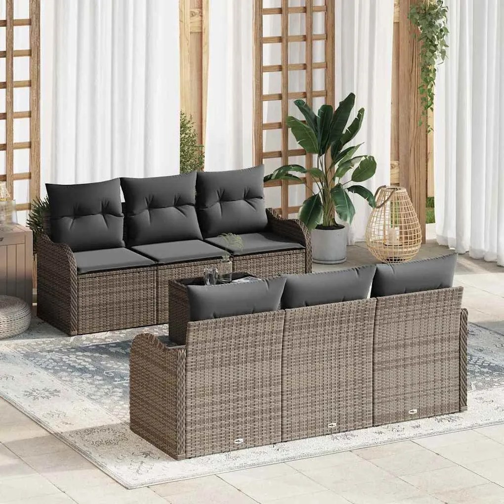 vidaXL Conjunto de Sofá de Jardim com 7 Peças e Almofadas - Cinza, Rattan Sintético