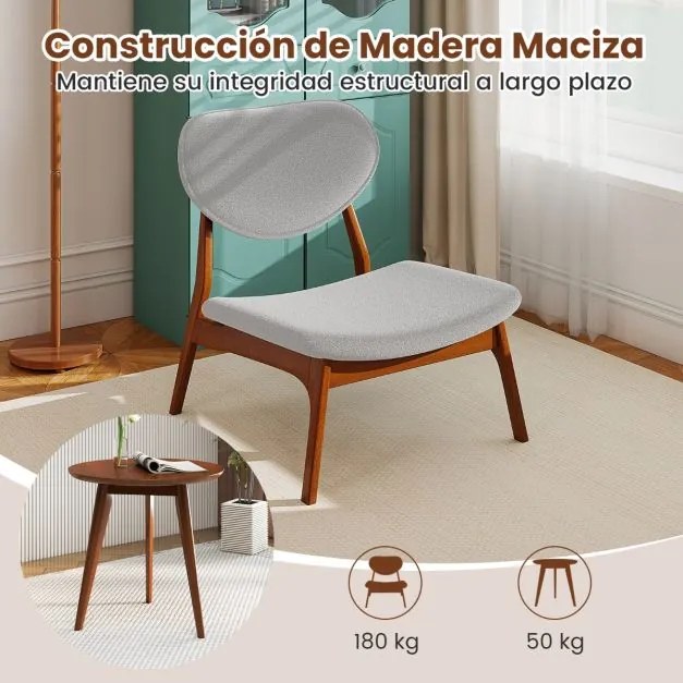 Conjunto de 2 cadeiras baixas decorativas com mesa auxiliar estofadas em veludo de carneiro com estrutura em madeira maciça cinza