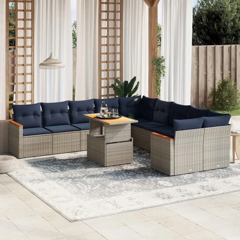 vidaXL 11 pcs conjunto sofás de jardim c/ almofadões vime PE cinzento
