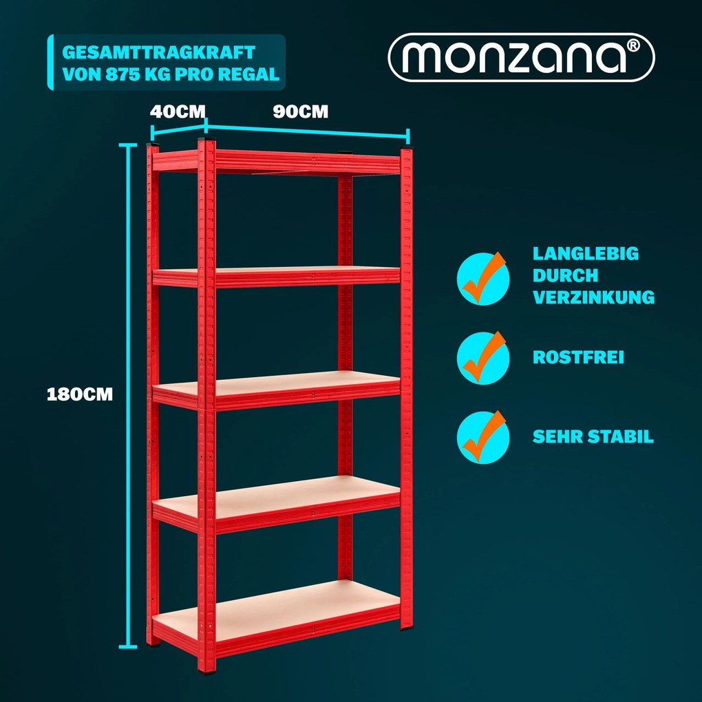 Conjunto de 2 estantes para cargas pesadas até 875 kg, 180 x 90 x 40 cm Vermelho