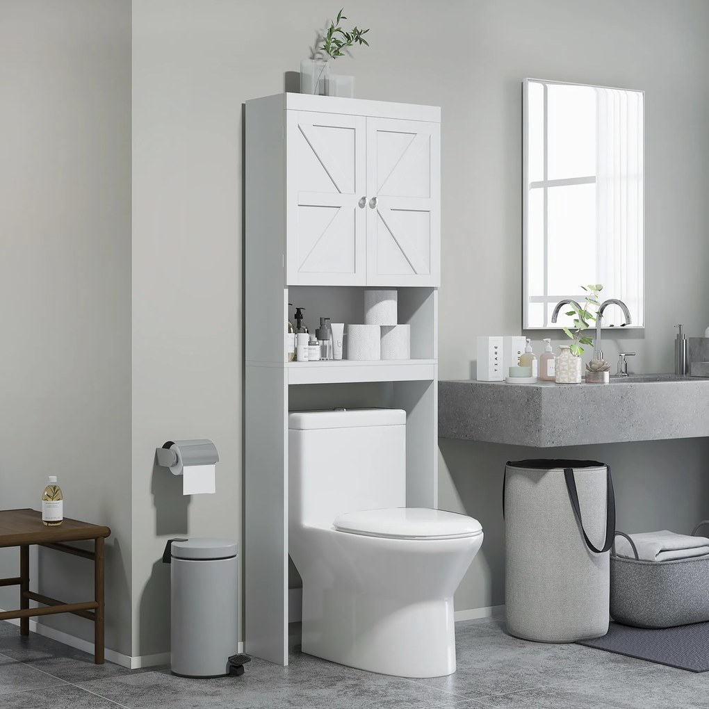 Armário de arrumação para colocar em cima da sanita, móvel de casa de banho com 2 portas e prateleiras, 58,5 L x 23 L x 170 A cm, branco