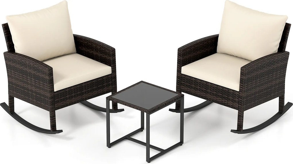 Conjunto de 2 Cadeirões de Baloiço e Mesa Auxiliar, 77 x 62 x 72 cm, Almofadas Bege com Capas Laváveis,