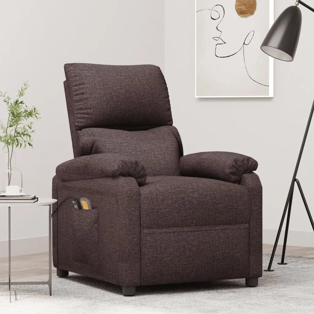 vidaXL Poltrona elevatória de massagens tecido castanho-escuro