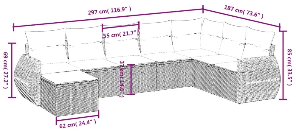 8 pcs conjunto de sofás p/ jardim com almofadões vime PE bege