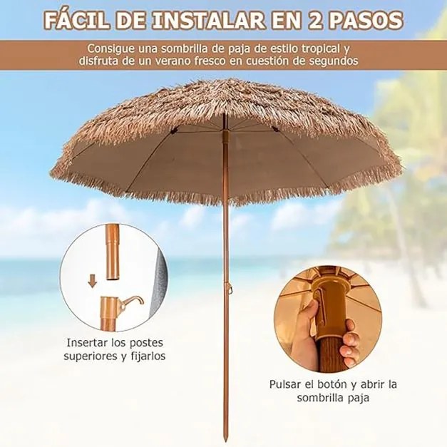 Guarda-sol 243 cm em palha Plastico PP tipo havaiano (BASE NÃO INCLUIDA) com 8 varas dobrável natural