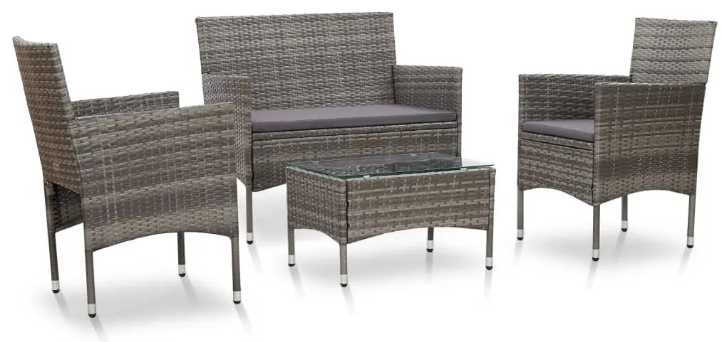 4 pcs conjunto lounge de jardim c/ almofadões vime PE cinzento