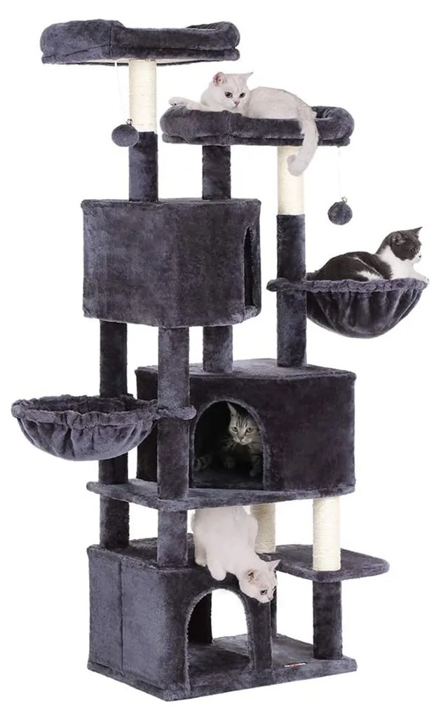 Arranhador para gatos com 3 grutas para gatos 55 x 40 x 164 cm Cinzento 